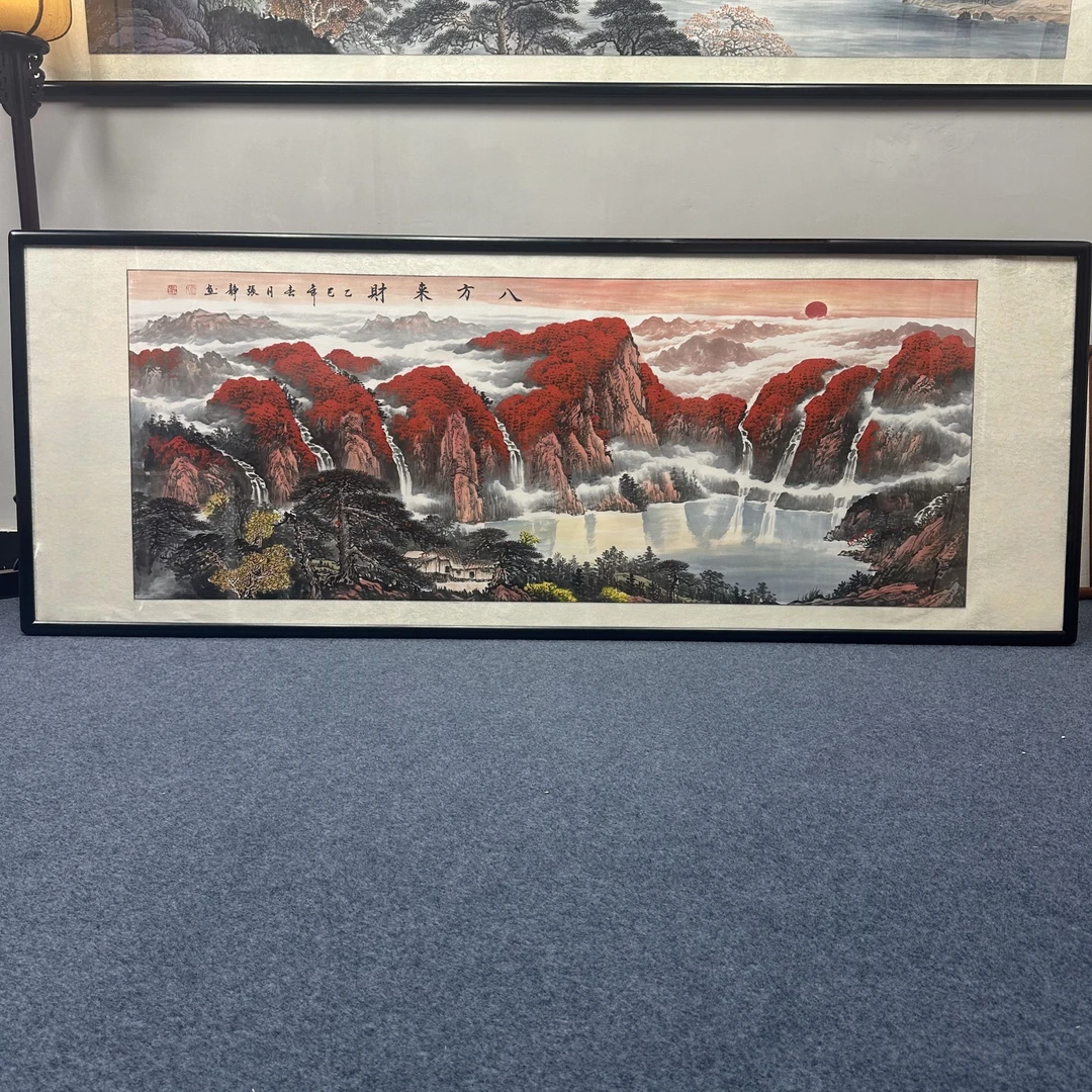 纯手绘-八方来财225X85新中式山水国画挂画背景墙装饰画