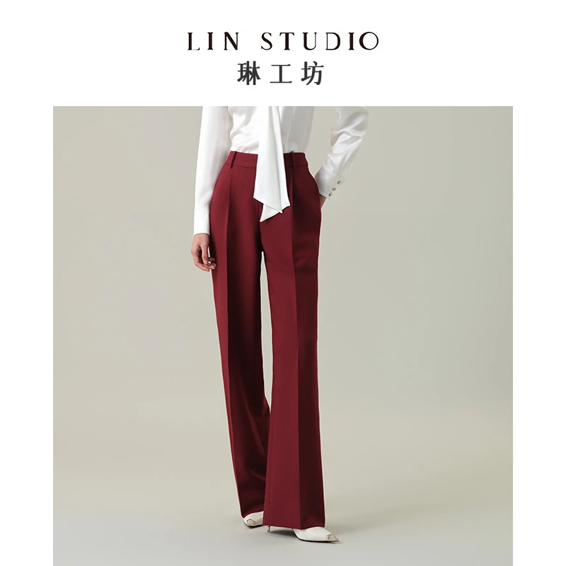 琳工坊“春晴”安哥拉红直筒裤气质长裤显瘦时尚通勤职场唐琳设计师