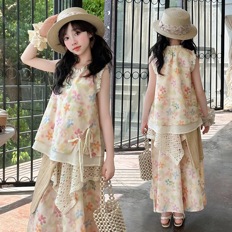 女童法式田园风套装2025夏季新款度假风碎花背心高级感半身裙两件