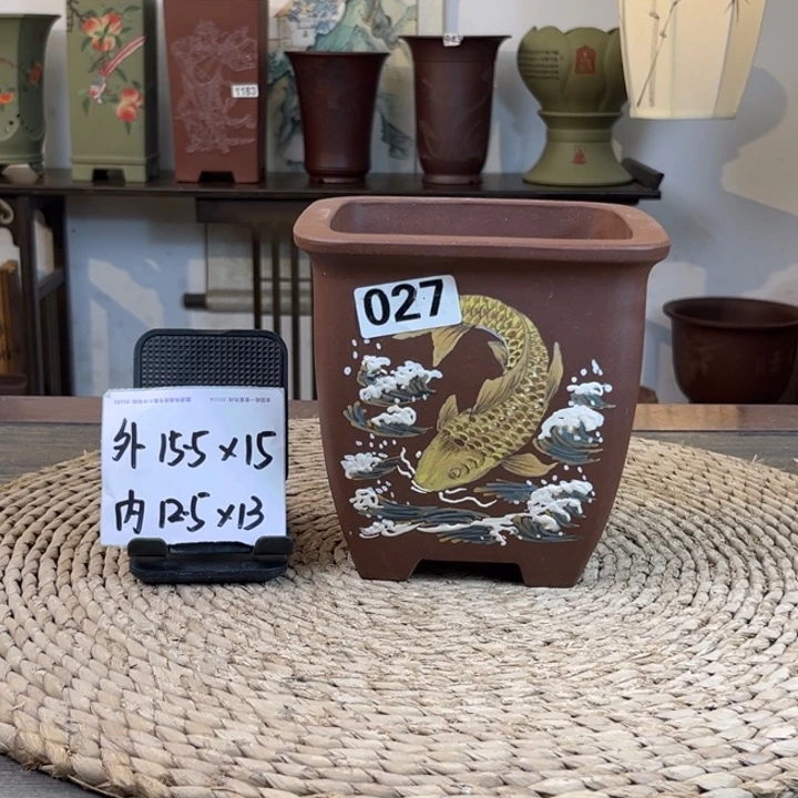 紫砂花盆 放漏紫泥彩绘四方027