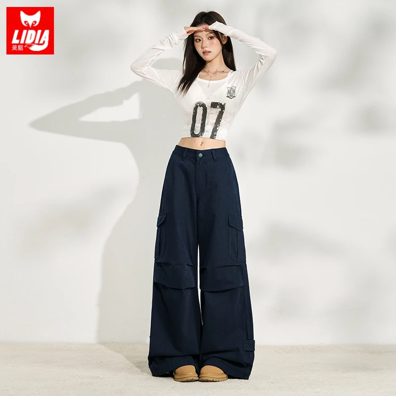 宝蓝色高腰工装阔腿牛仔裤女款爆款2025新款秋季酷飒百搭宽松裤子