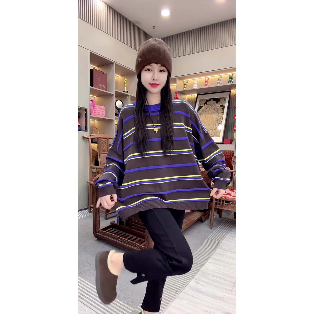 欧货时尚宽松圆领复古撞色条纹长袖针织毛衣