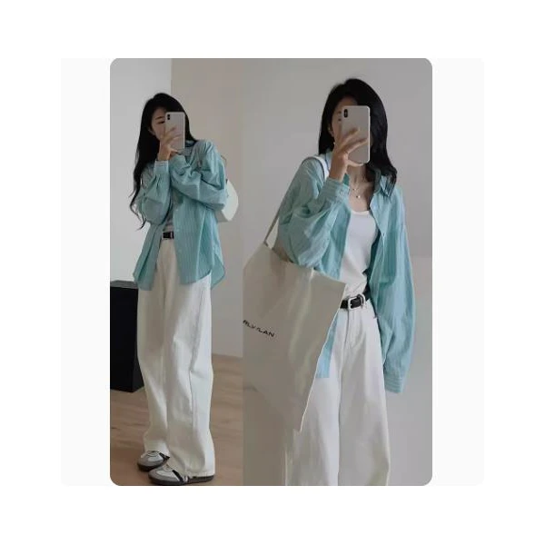 薄荷蓝绿色条纹衬衫女春夏季新款设计感小众休闲百搭衬衣防晒上衣