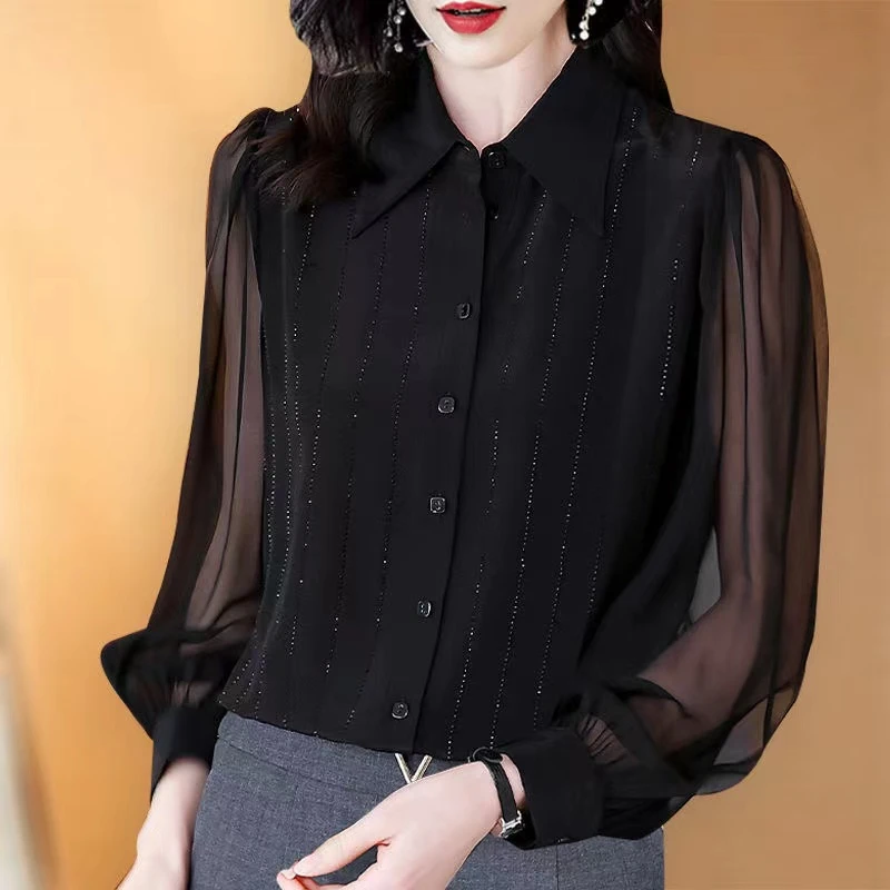 衬衫女春装2025新款高端气质烫钻女士上衣设计感减龄百搭洋气小衫