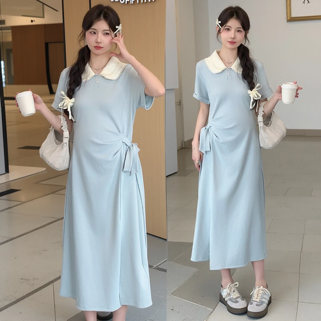 夏季孕妇娃娃领连衣裙2025新款潮妈孕期穿搭高级感法式蓝色长裙子