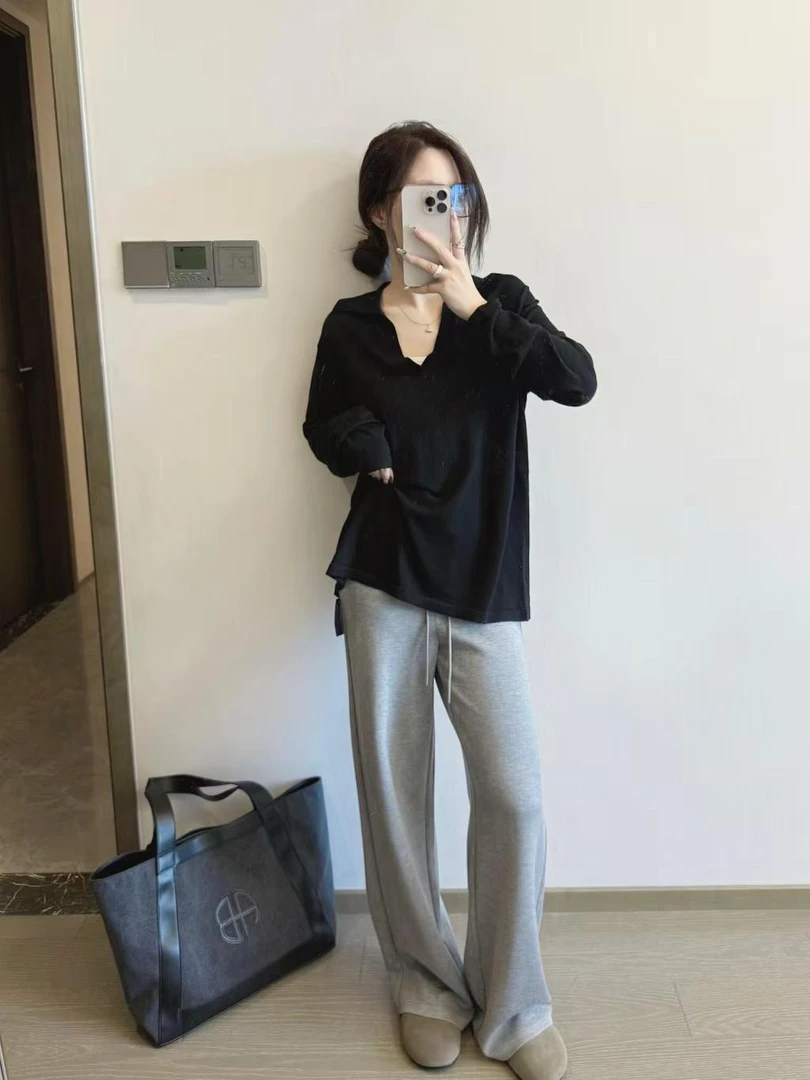 巨好看夏装一整套长袖黑色T恤上衣女秋季休闲宽松直筒百搭阔腿裤