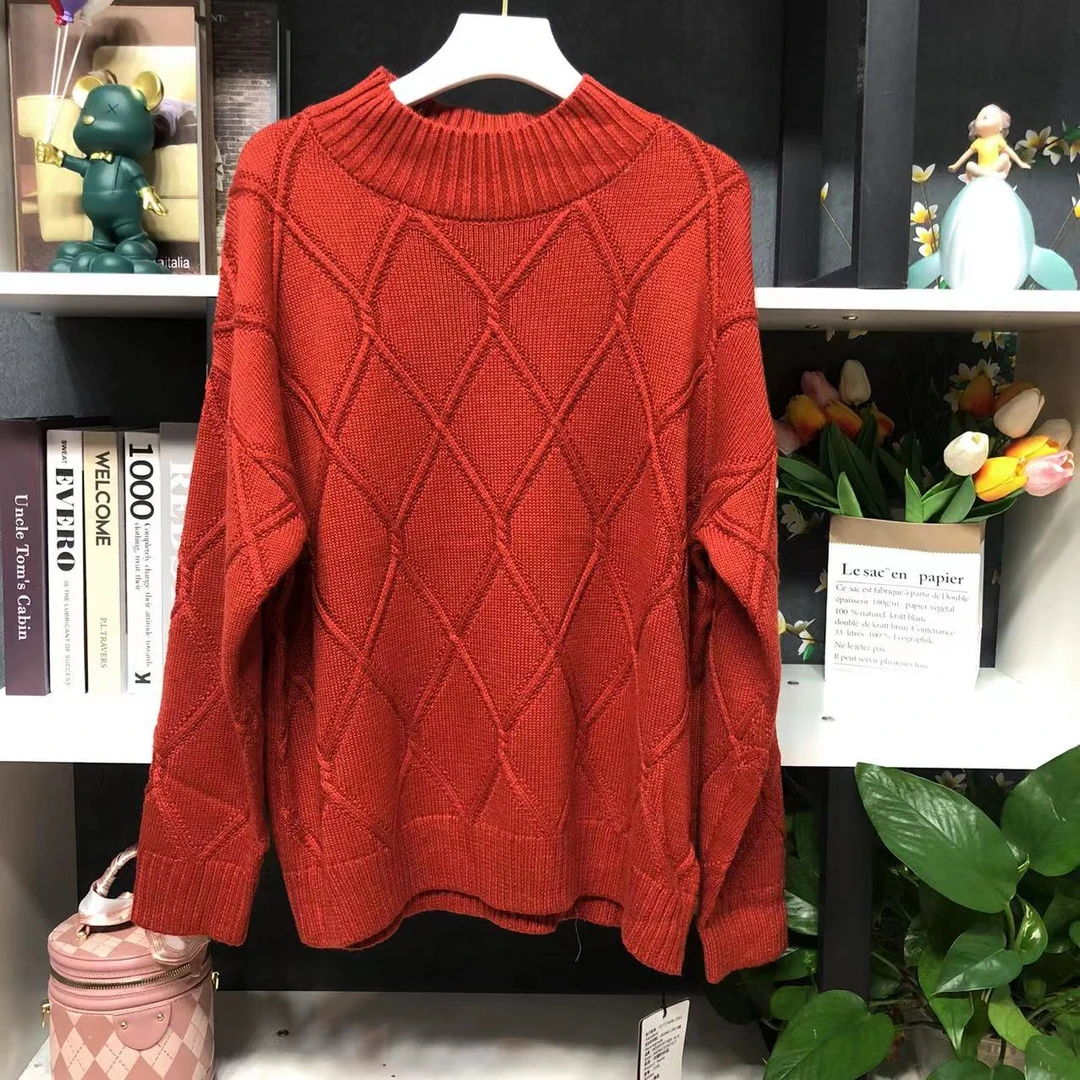 B2007【春季新款】时尚圆领红色菱形纹理百搭毛衣
