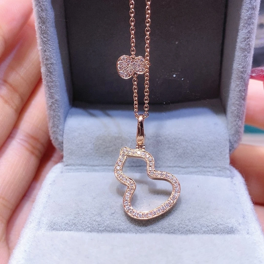 颈饰钻石18K金镶嵌k玫双葫芦镂空项链小号