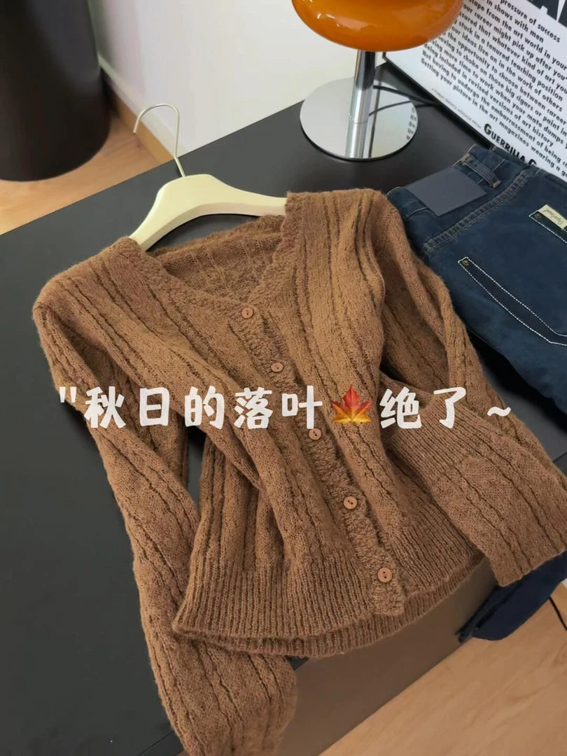 韩系复古麻花v领长袖毛衣针织衫女秋季新款修身显瘦毛衣外套上衣