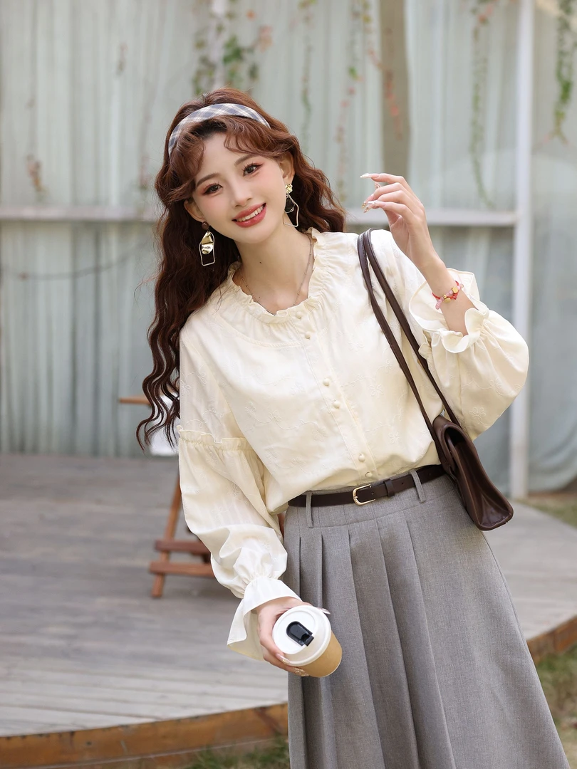 温敏er【奶油瑞士】港风复古女生开春衣服衬衫女显瘦上衣MU1998137