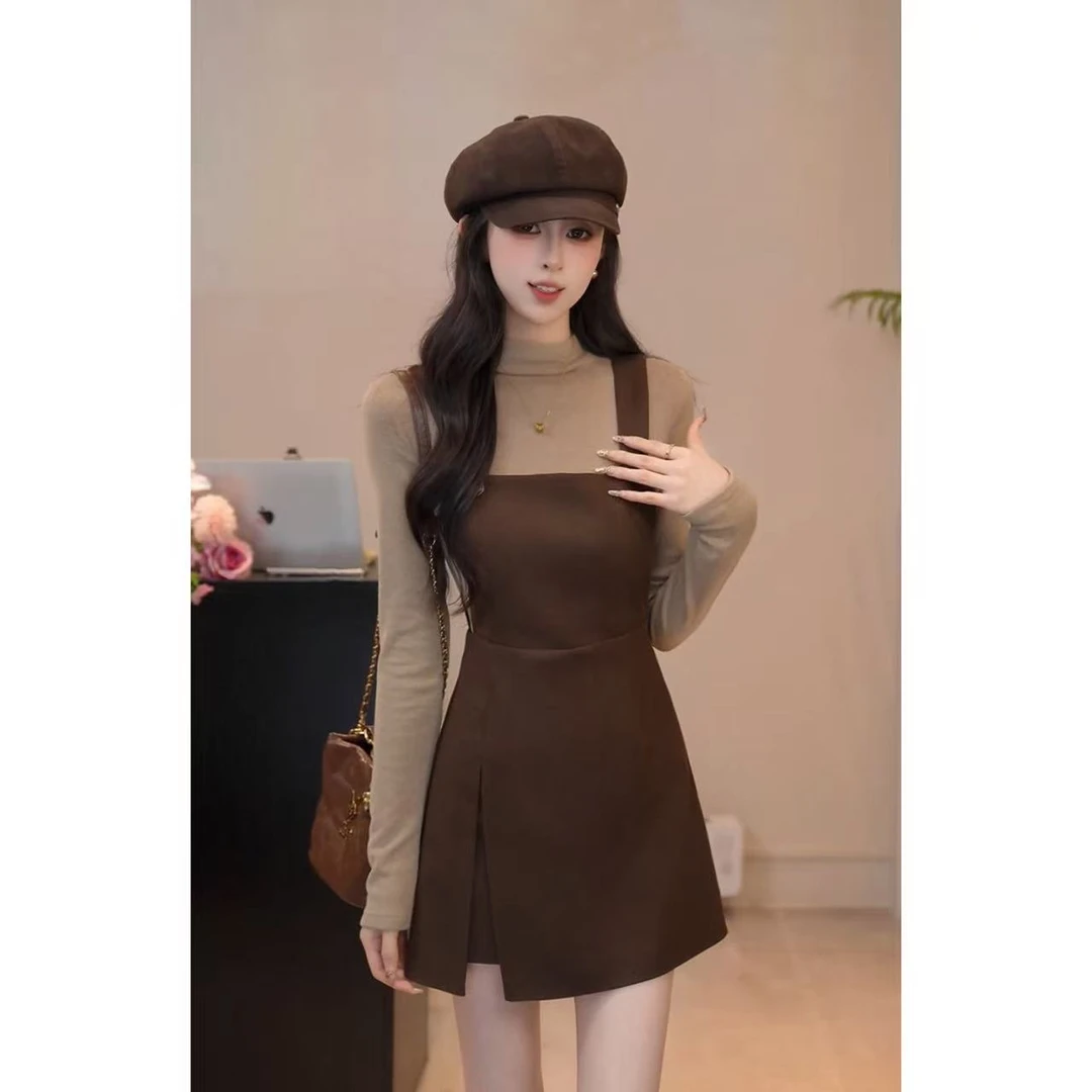 YUANLIANSU/圆脸酥【自由和风】法式小众打底衫+背带连衣裙两件套女