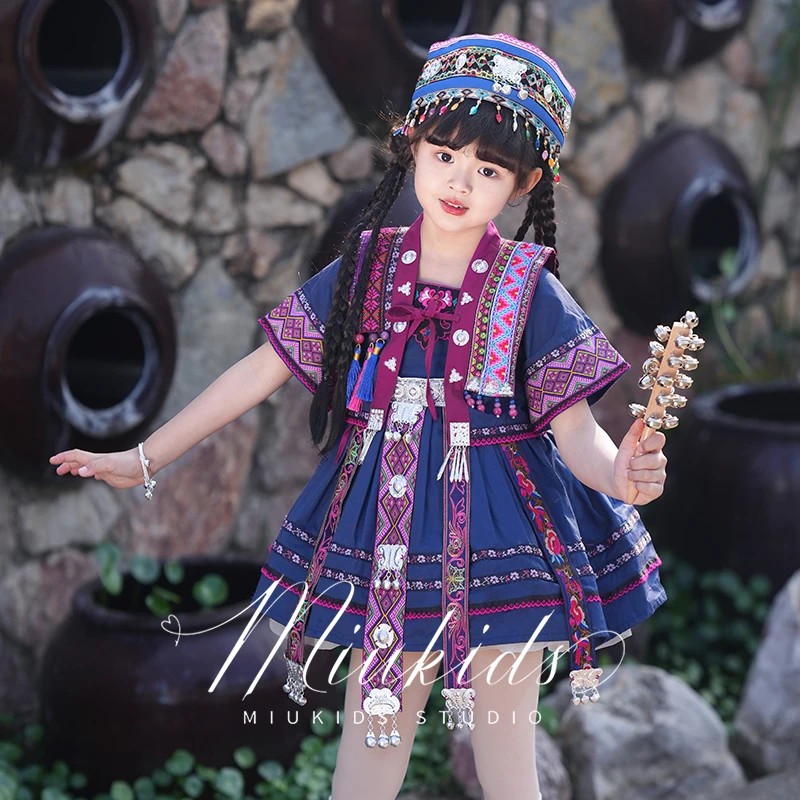 miu妈童品原创设计民族风壮族女童深蓝色吊带裙外套套装三月三