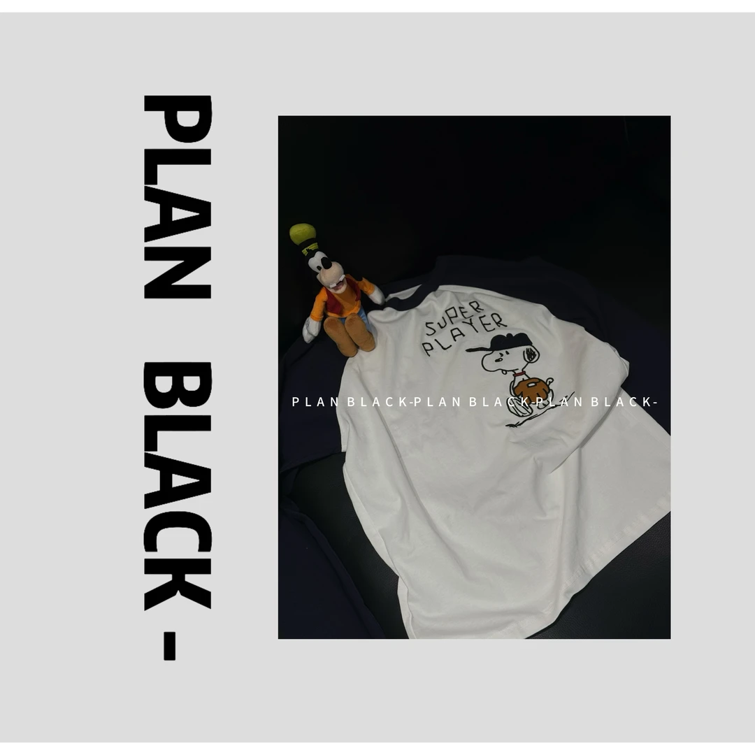 RICH陈发财【努比动漫】双面刺绣！新款撞色重工刺绣情侣长袖T恤3974