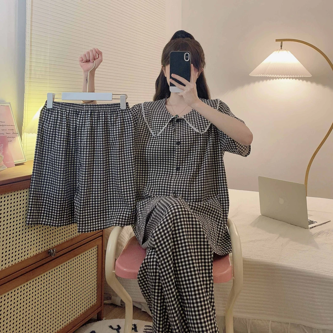 4560大码宽松睡衣女短袖三件套黑格子娃娃领通勤显瘦可外穿家居服