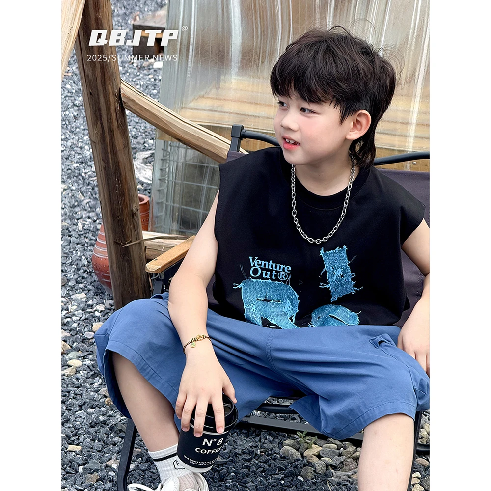 Q宝家童品6月新款 男童背心儿童夏季超薄无袖T恤中大童坎肩马甲潮