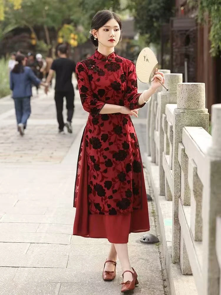 979 9-1-1 秋冬中国风复古改良植绒奥黛旗袍年轻显瘦中年妈妈长款