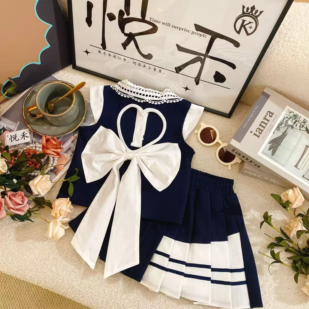 YH新款夏季女童时尚休闲女宝蓝色韩版蝴蝶结学院风高级套装80413