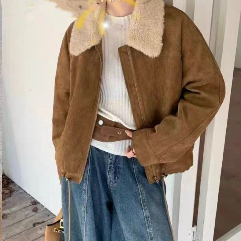 美美服饰25A51冬款翻领羊羔毛鹿皮绒外套女夹棉加厚保暖夹克上衣