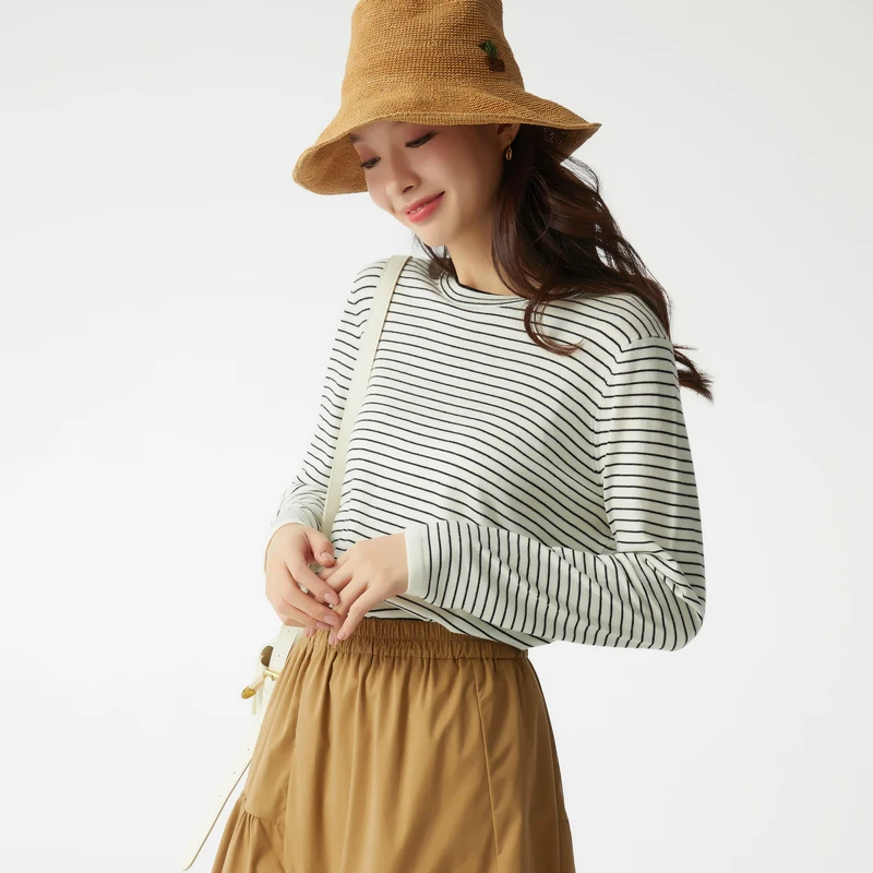 布景女2025年春季新品条纹圆领长袖针织上衣BW31TH1705