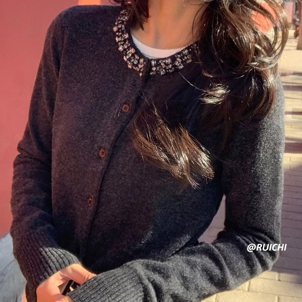 高级感极简小香风钉钻针织开衫上衣2025春季新款百搭时尚针织衫