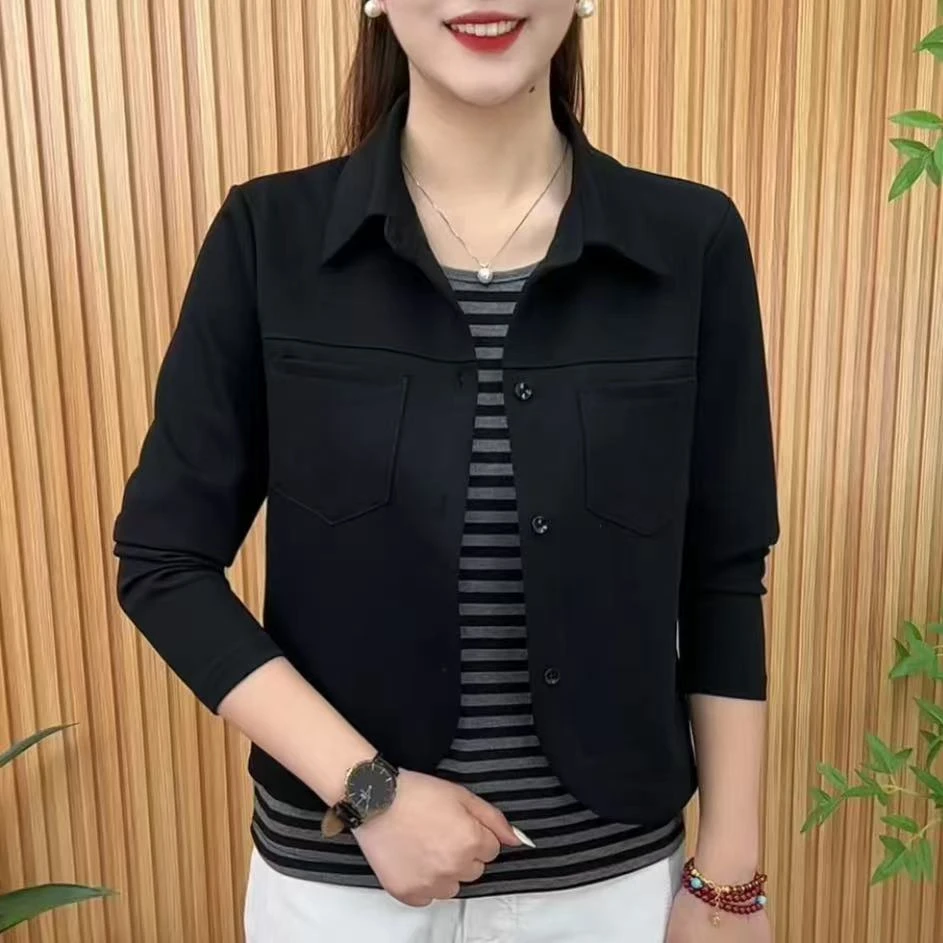 2025秋季时尚洋气新款简约纯色翻领套头假两件百搭上衣A2539
