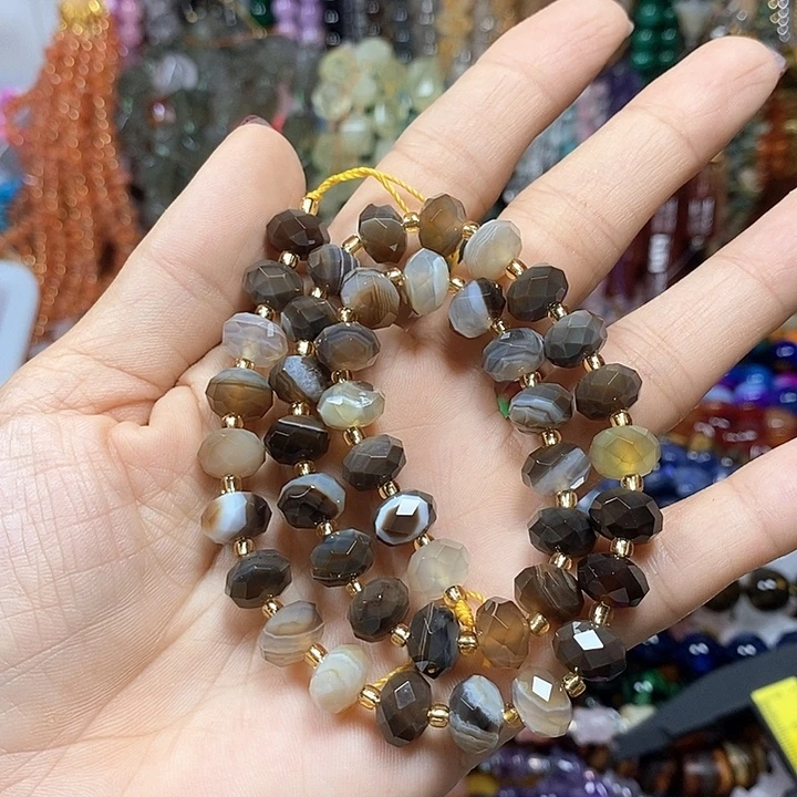 未镶嵌玛瑙/玉髓珠宝半成品天然咖啡缠丝玛瑙切面车轮卡10mm