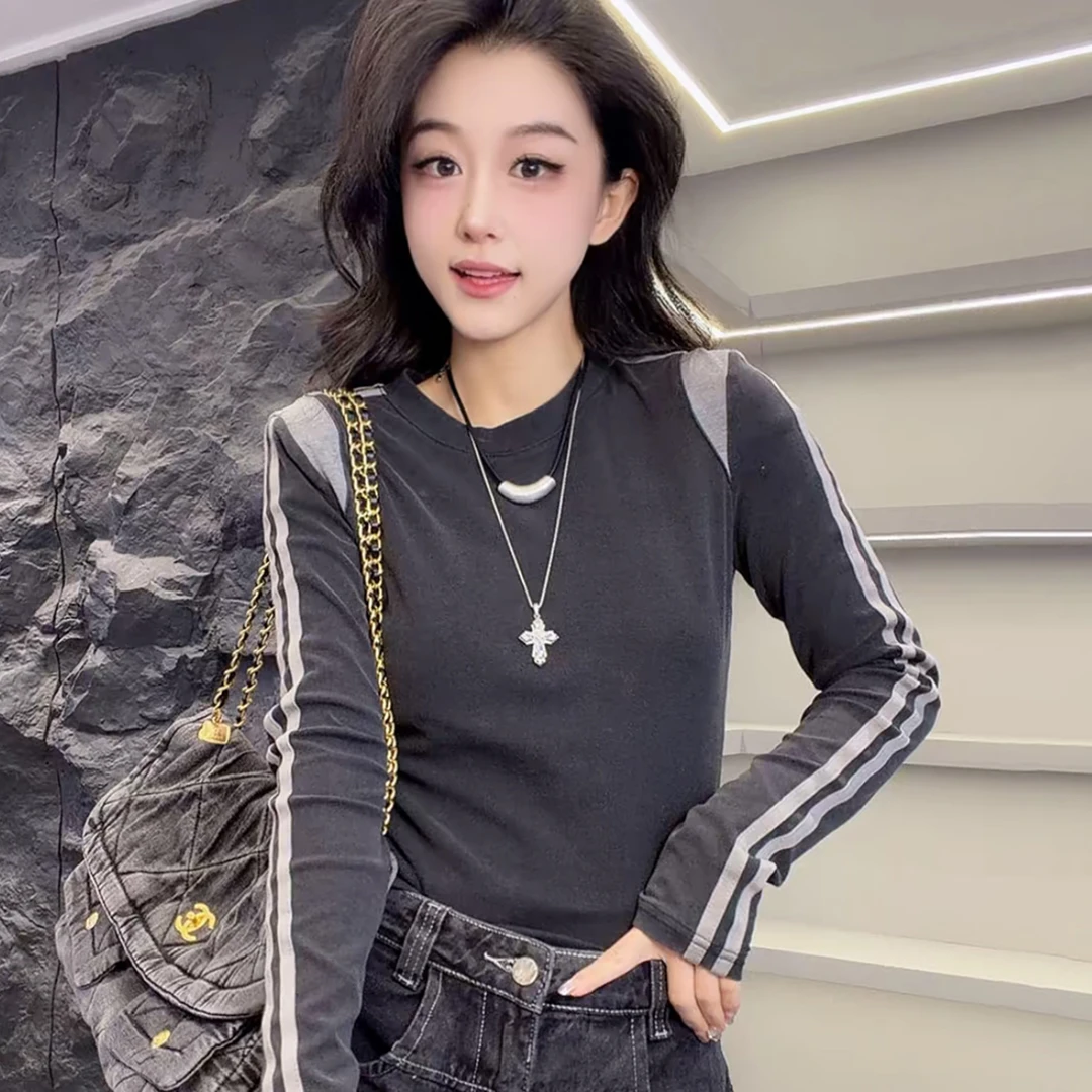 网红欧货修身洋气长袖T恤女冬季新款时尚百搭显瘦拼色打底衫上衣