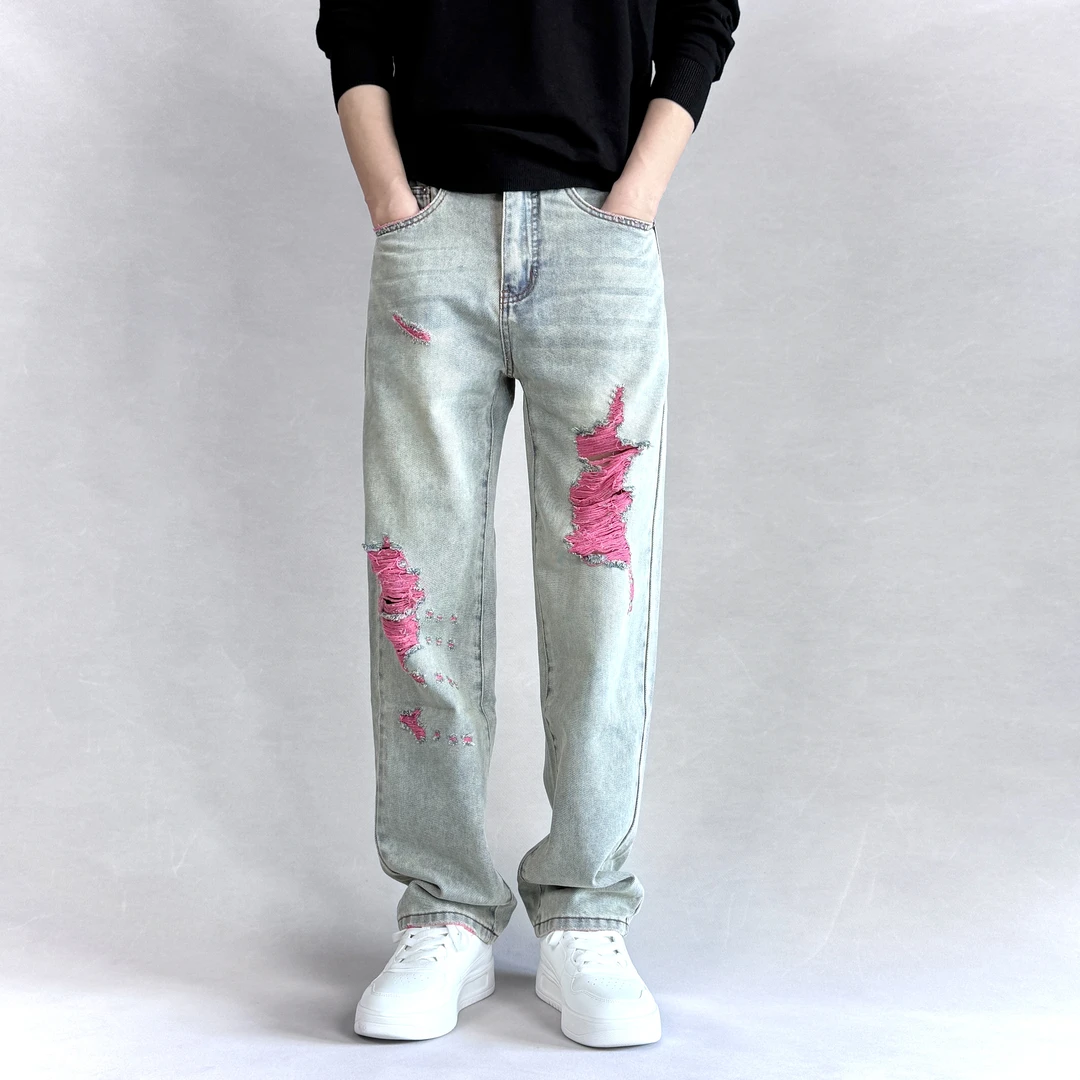 【宽松直筒】无弹破洞牛仔裤男款男生美式高街复古水洗做旧潮流小众