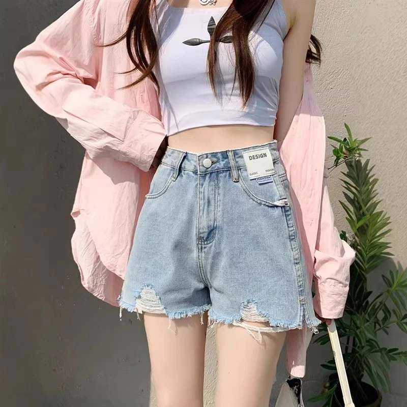 梨形身材浅蓝破洞高腰显瘦女牛仔短裤夏薄款大码宽松毛边阔腿热裤