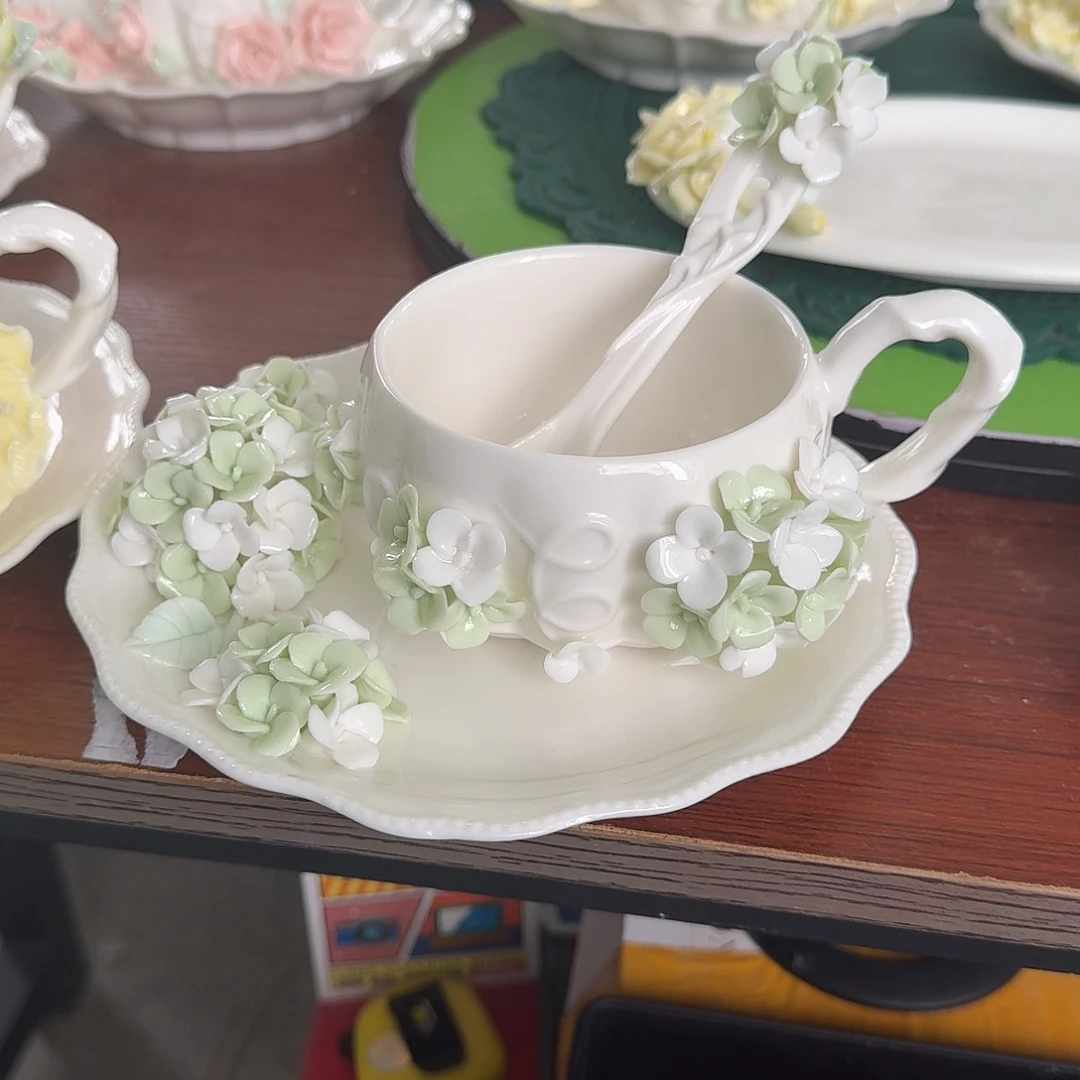 手工捏花花团团咖啡杯碟加勺子