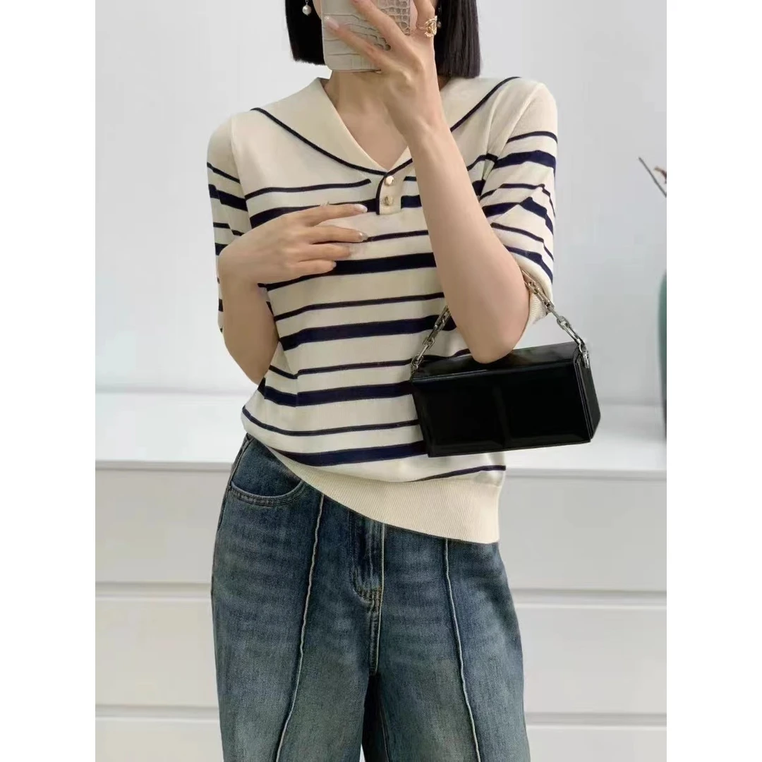 M5046 2025新款气质百搭海军领条纹针织衫
