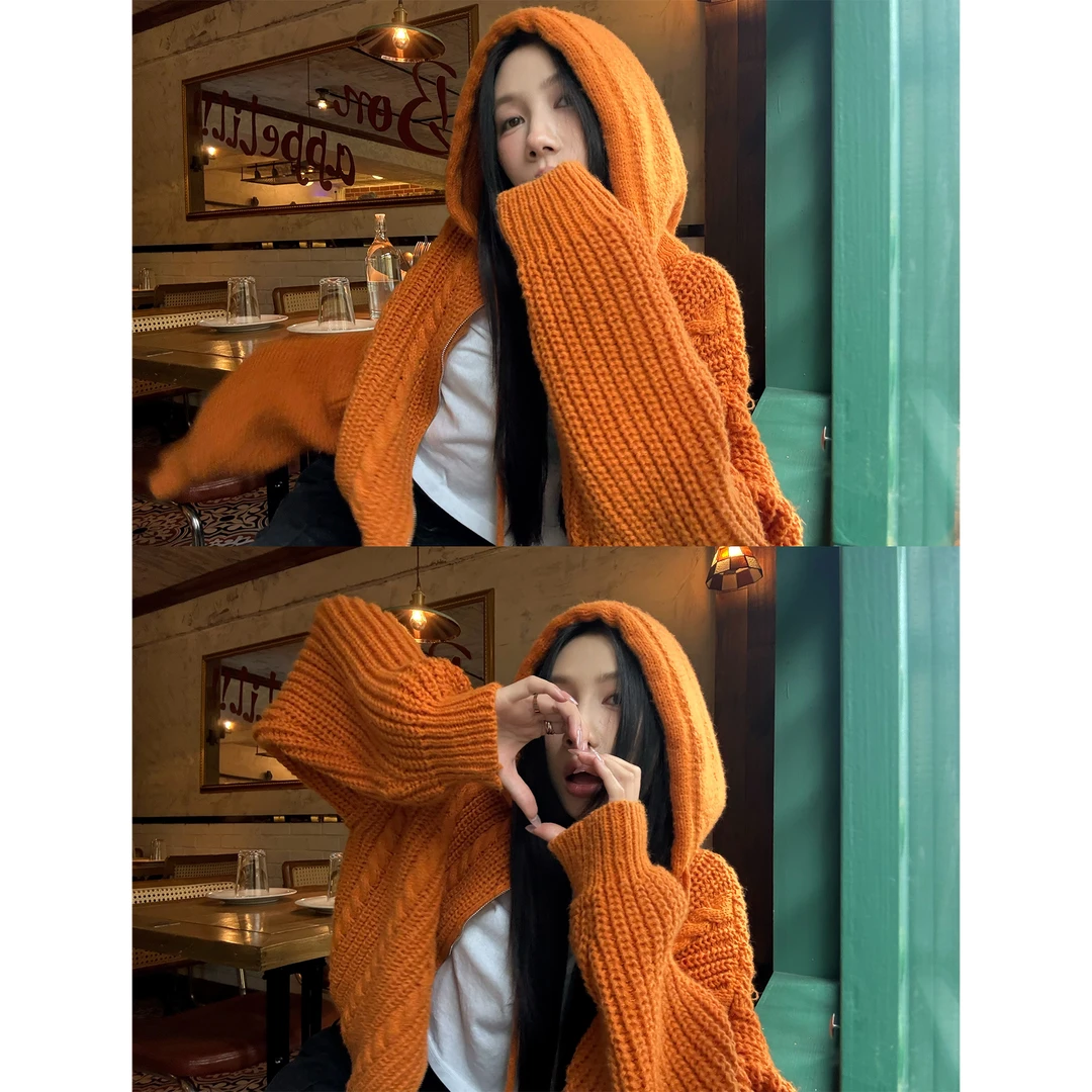 70不是七十【橘子秋日】秋冬韩版蓬松镂空感毛织连帽外套