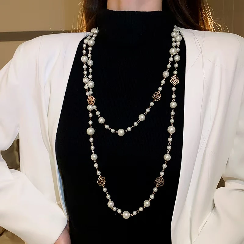 铜合金项链 花朵双层长款项链法式轻奢高级感毛衣链感饰品