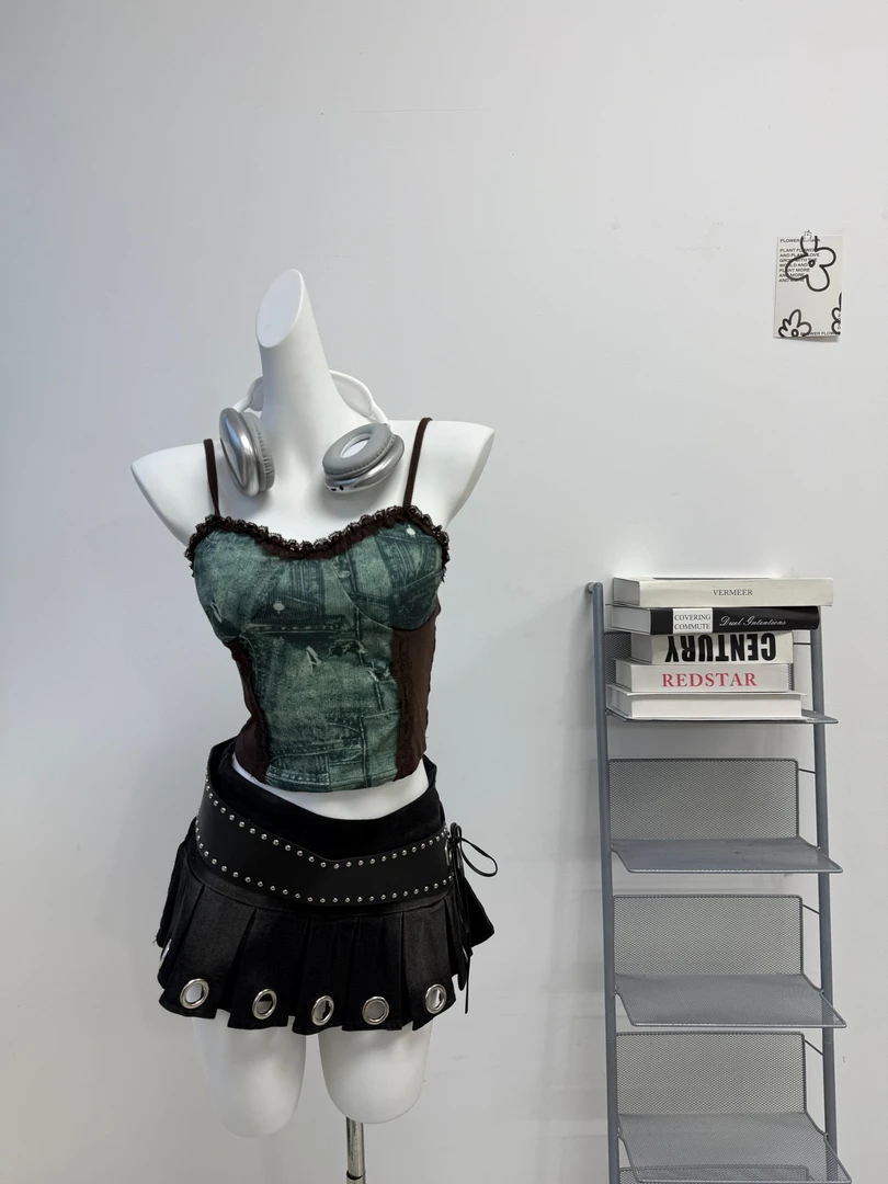 【李里家】辣妹蕾丝花边印花拼接带胸垫无袖吊带露背短款外穿美背