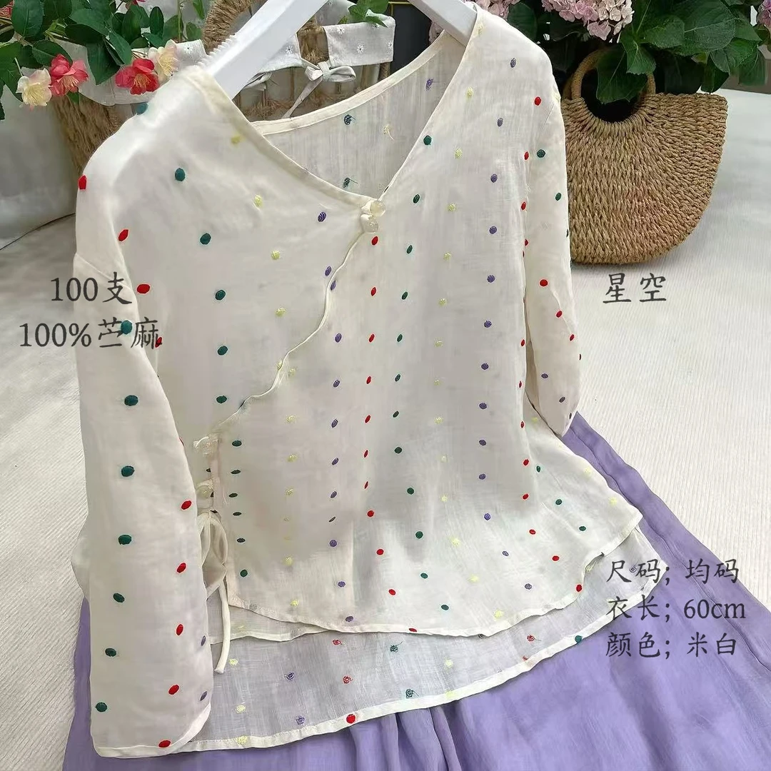 【星空】夏季新款100%苎麻斜襟彩色波点刺绣衬衫薄款五分袖小衫上衣
