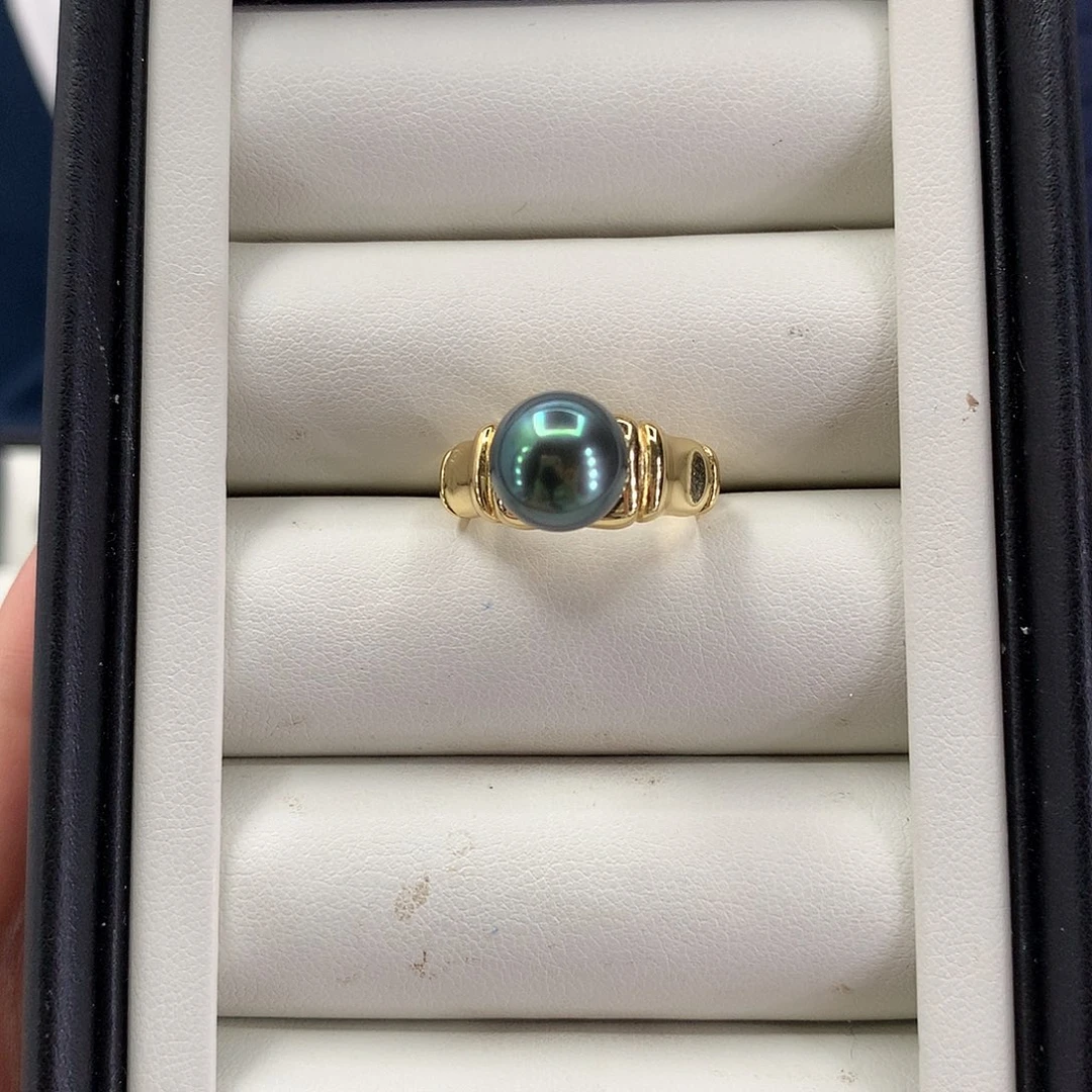 海水珍珠戒圈银S925镶嵌大溪地孔雀蓝戒指