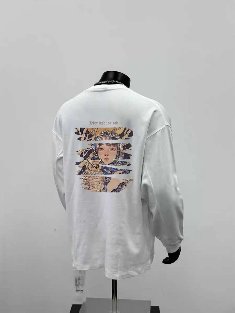 重磅圆领初秋长袖上衣美式动漫人像印花白T恤男士宽松打底衫