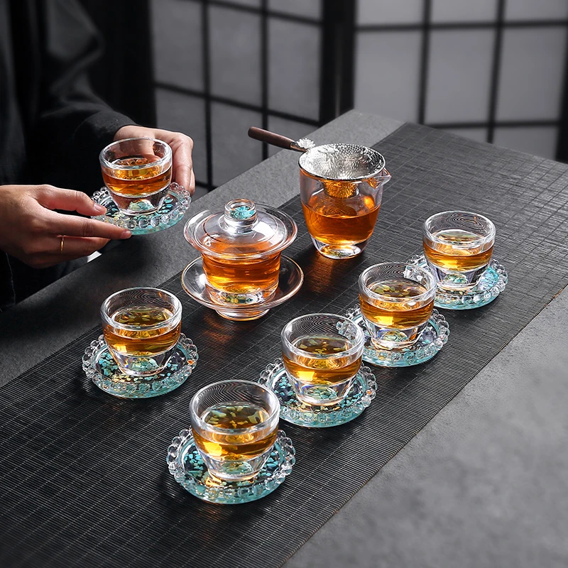创意绿松石水晶玻璃茶具 高档整套家用功夫茶杯 轻奢办公茶具套装