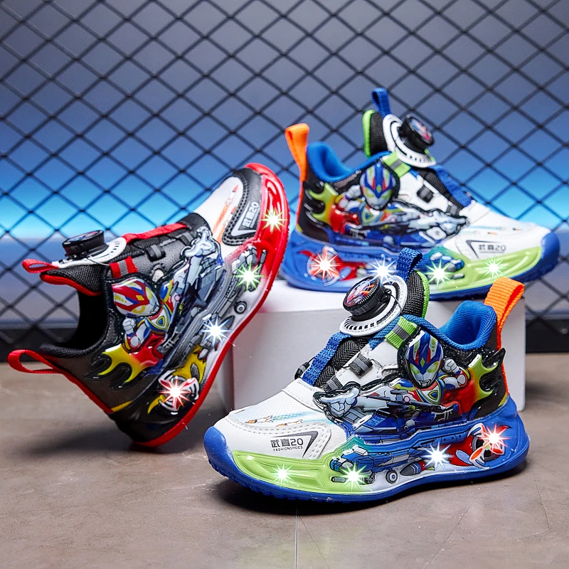 奥特蔓鞋男童运动鞋2025春秋新款皮面儿童鞋子带灯宝宝男孩发光鞋