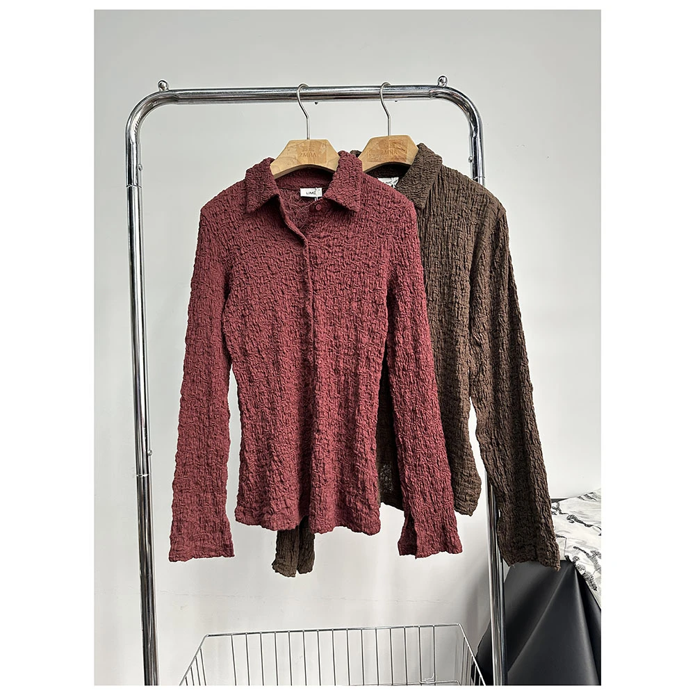 C107    秋季新款女士休闲修身高弹翻领长袖衬衫女