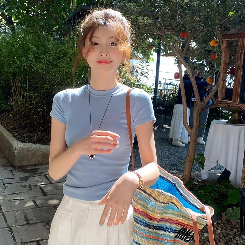 蓝色莫代尔棉修身正肩短袖T恤女2025新款夏季穿搭高级感独特上衣