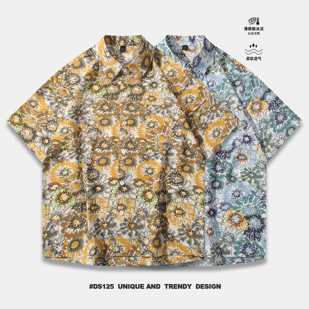 冰丝宽松男士衬衫夏季冰凉短袖速干衬衣港风痞帅男款透气花衬衫