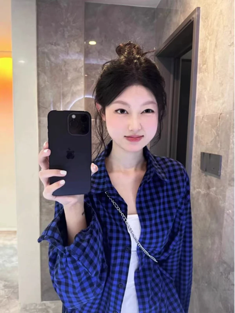 韩版宽松显瘦慵懒风薄款衬衫秋款设计感格子衬衫复古小众外套