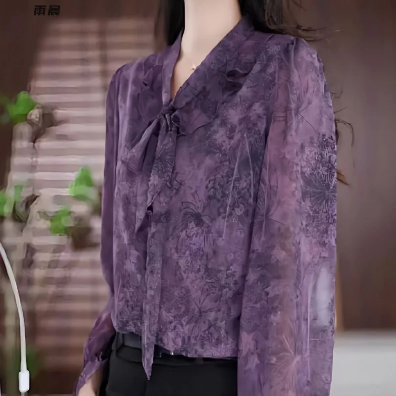 【店铺热销】2025小衫新款春季上衣时尚洋气蝴蝶结印花衬衫气质女