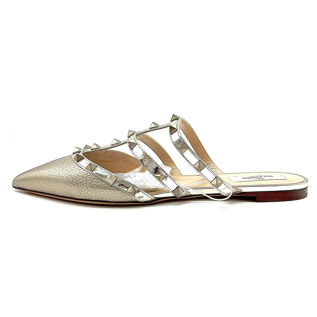 99新 Valentino/华伦天奴 39码/女士时尚经典香槟色铆钉穆勒半拖