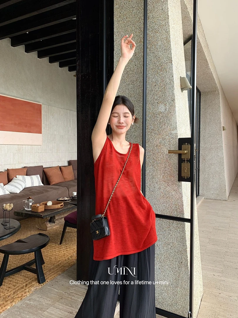 ins风博主【度假偏爱】亚麻感后背系带外穿背心针织衫