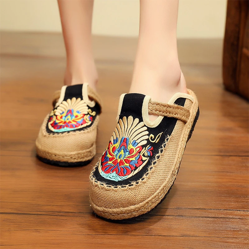 唐臣原创设计绣花鞋民族风夏季新款老北京布鞋女泰国亚麻拖鞋