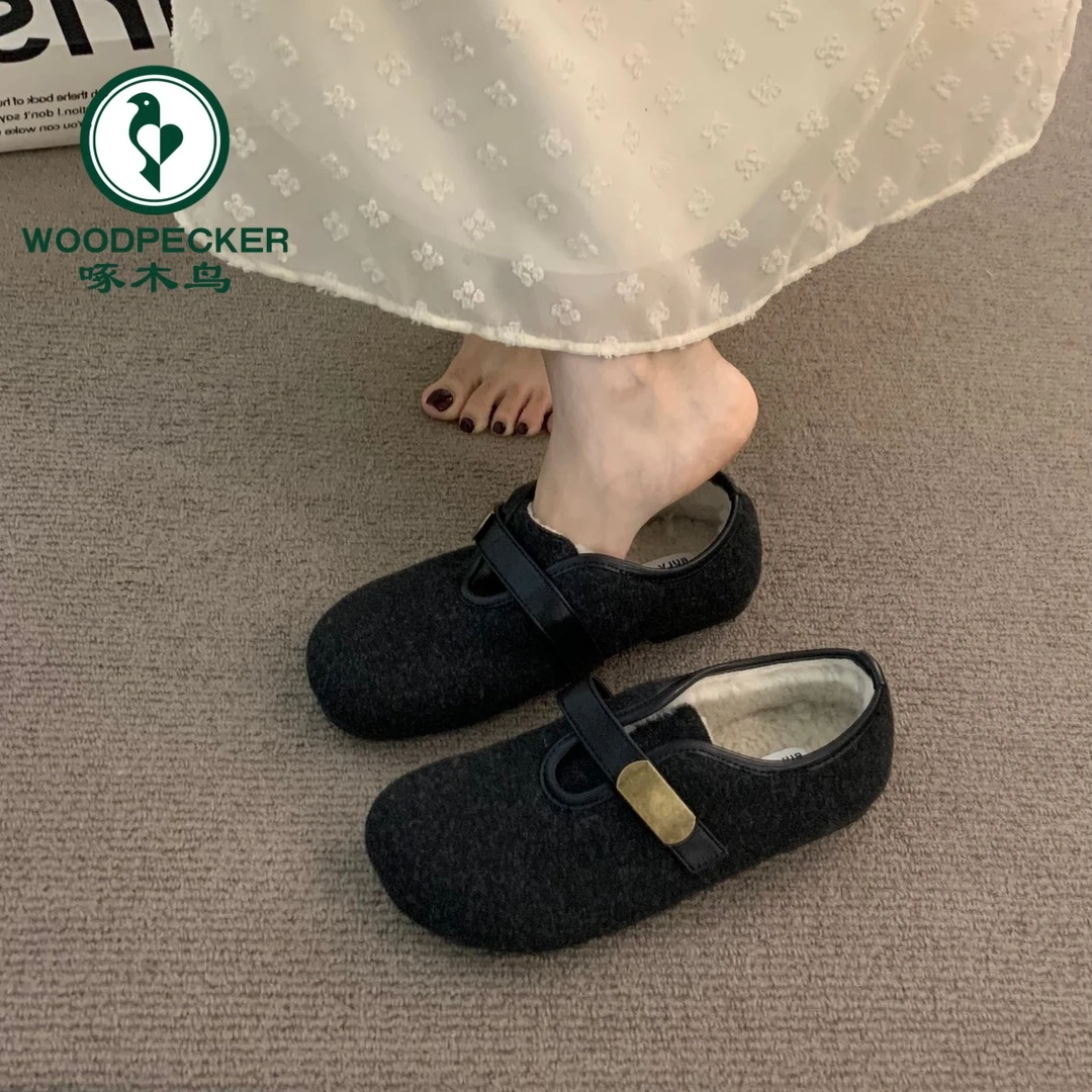 啄木鸟平底毛毡黑色勃肯鞋女鞋2025新款秋冬季加绒棉鞋软底毛毛鞋