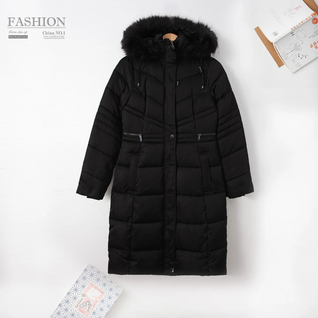 冬季女棉服连帽毛领防风保暖棉衣绗缝立领长款上衣00158日常通勤