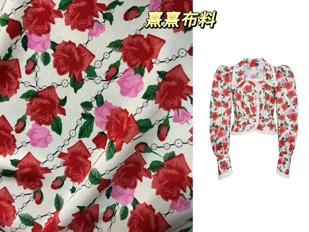 弹力双绉杏底红色玫瑰花夏季连衣裙时装面料5474